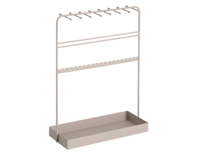 Metallener Schmuck-Organizer in Greige mit Aufhängehaken und Ablageschale, Masse 24x10x33 cm, auf hellem Hintergrund fotografiert.