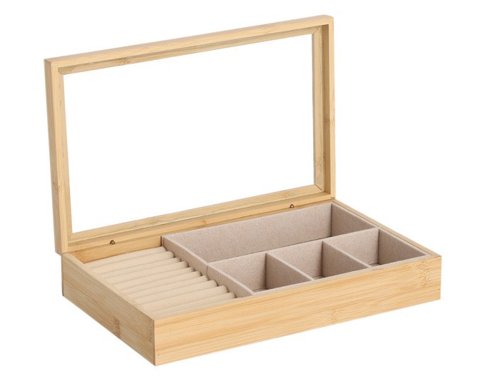 Schmuckkästchen aus Bambus in Natur/Braun mit integriertem Spiegel und Deckel, Masse 29x18x5.9 cm, freigestellt fotografiert.