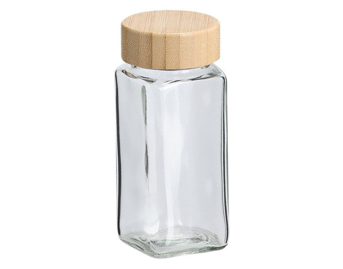 Transparentes Gewürzglas aus Kalk-Natron-Glas mit rundem Bambusdeckel, Höhe 10.5 cm, Durchmesser 4.5 cm, gefüllt mit Gewürzen sichtbar.