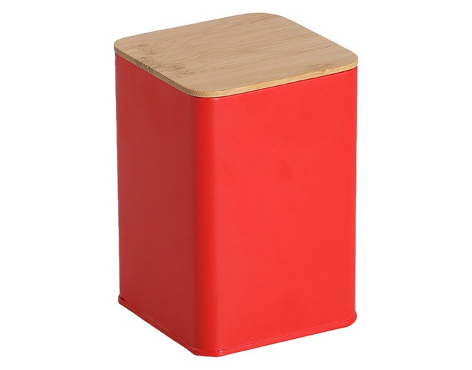 Runde Vorratsdose aus rotem Metall mit hellem Bambusdeckel, Fassungsvermögen 1100 ml, Höhe 14 cm, für die Küche.