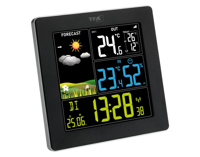 Schwarze TFA Funk-Wetterstation Sun 2 mit farbigem Display, stehend aufgestellt, zeigt Temperatur, Luftfeuchtigkeit und Wettersymbole an.