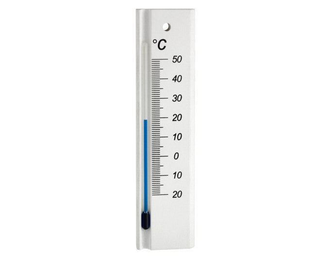 Analoges Innenthermometer aus hellem Buchenholz mit weisser Anzeige, rechteckiges Gehäuse, Massangaben 14.6x3.6x0.8 cm.