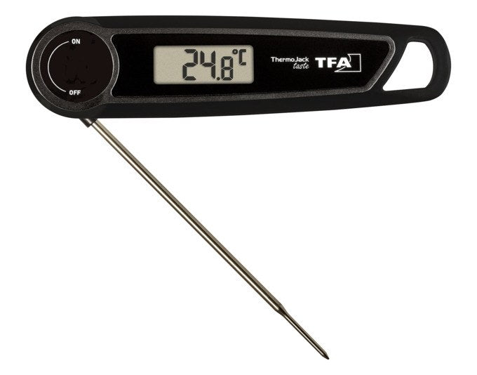 Schwarzes digitales Klappthermometer von TFA mit Edelstahl-Einstechfühler, Display und Aufhängeloch, kompaktes Taschenformat.