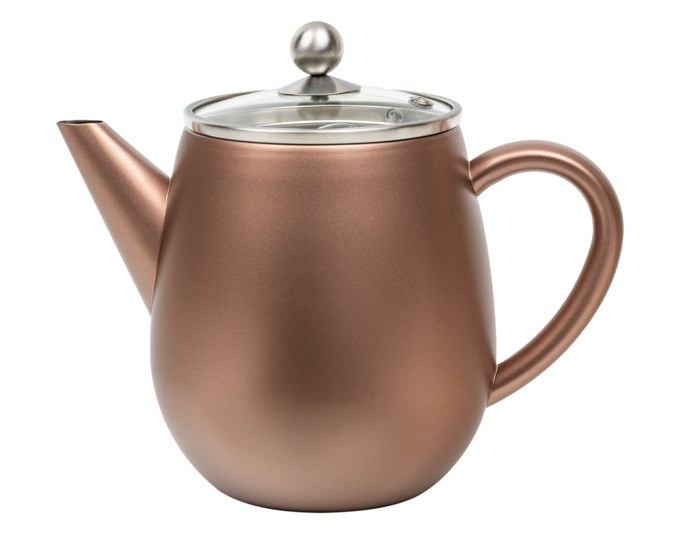 Doppelwandige Edelstahl-Teekanne Eva 1.1 l von BREDEMEIJER in Rust Brown mit integriertem Teefilter und geschwungener Tülle.