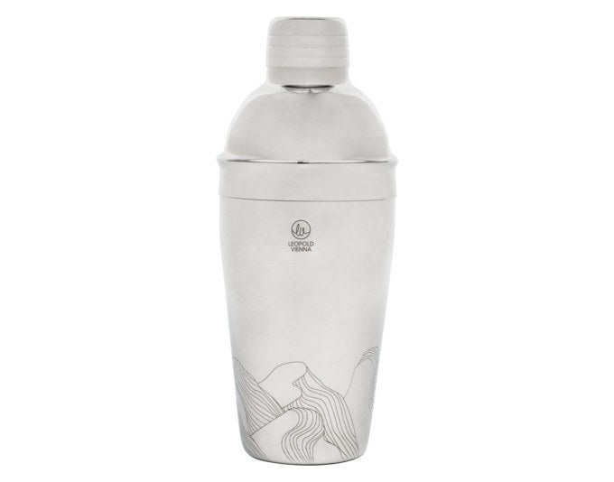 Edelstahl-Cocktailshaker LEOPOLD Mountains Inox 0.5 l, silberfarben, dreiteilig mit Barsieb und Berglandschafts-Motiv auf der Oberfläche.