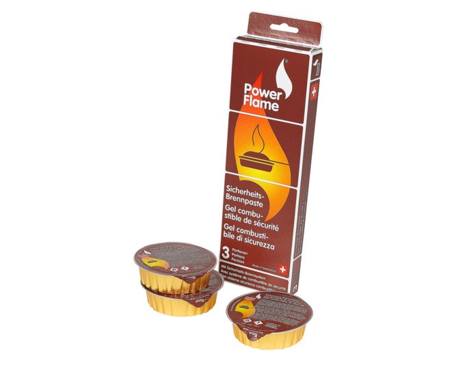 Drei rote Aluminium-Portionsbehälter mit POWERFLAME Brennpaste, je 80 g Inhalt, geeignet für Fonduebrenner und Rechauds.