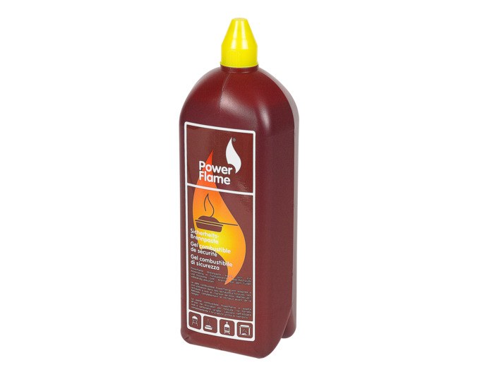 Braune Brennpaste in 1-Liter-Gebinde mit Sicherheitsausguss, Produktflasche von POWERFLAME für Fondue, Grill und Cheminée.