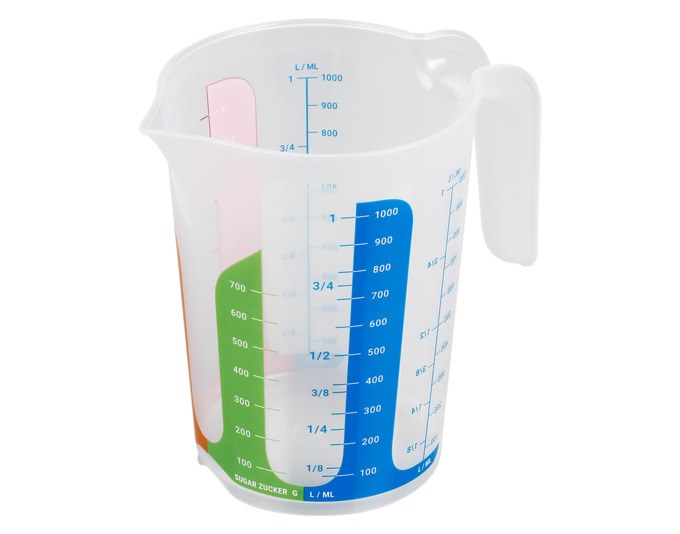 Transparenter Messbecher aus Kunststoff mit farbigem Griff, breitem Ausgiesser und Skala in Liter, Gramm und Cups, Fassungsvermögen 1 l.