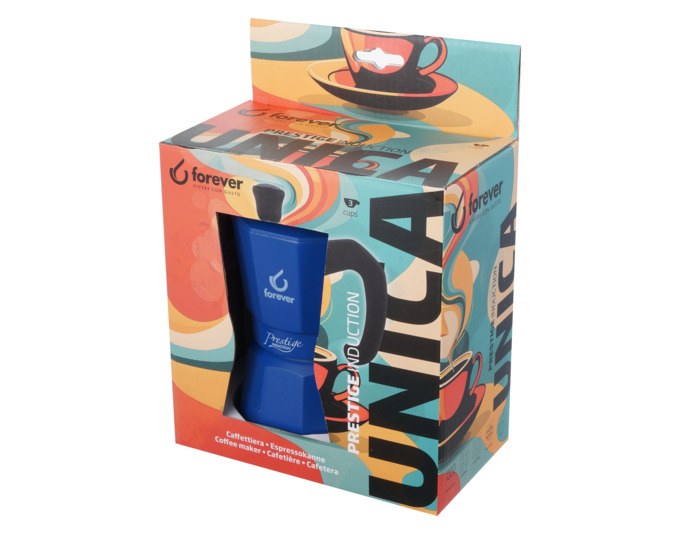 Blauer Moka-Kaffeezubereiter aus Edelstahl und Aluminium mit Nylongriff und Deckelknauf, für drei Tassen Kaffee.