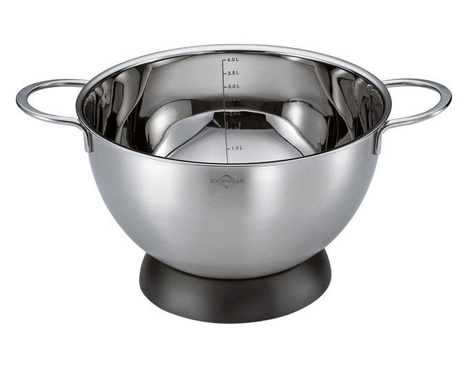 Edelstahl-Rührschüssel von KÜCHENPROFI mit rutschfestem Standring, seitlichen Griffen und Innenskala, Durchmesser 24 cm, in Silber und Schwarz.