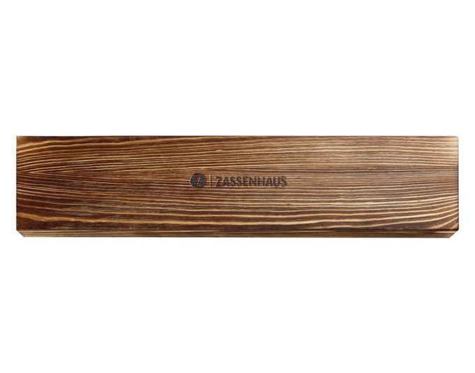 Schwarzes ZASSENHAUS Brotmesser Kyoto mit langer gezahnter Klinge aus japanischem Stahl 440C und ergonomischem Griff aus dunklem Wengeholz.