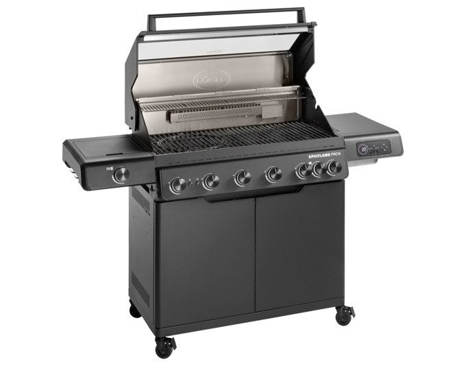 Schwarzer RÖSLE Gasgrill Epicflame Pro 6 mit Edelstahl- und Aluminium-Elementen, zwei Seitentischen, LED Display und geschlossenem Unterschrank.