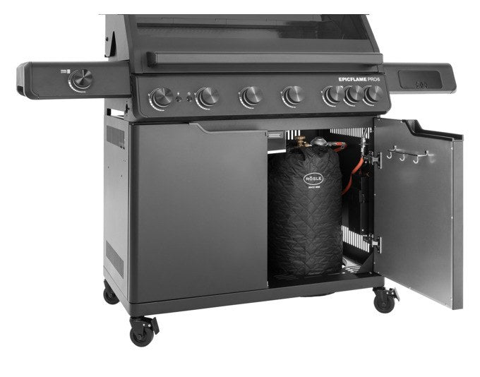 Schwarzer RÖSLE Gasgrill Epicflame Pro 6 mit Edelstahl- und Aluminium-Elementen, zwei Seitentischen, LED Display und geschlossenem Unterschrank.