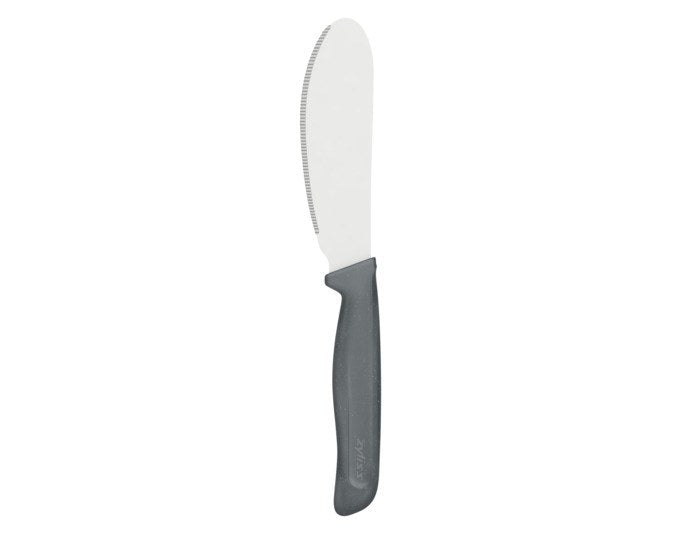 ZYLISS Streichmesser mit ovaler, biegsamer Edelstahlklinge und Griff aus Weizenstrohmaterial in Grau-Silber, Ansicht von oben.