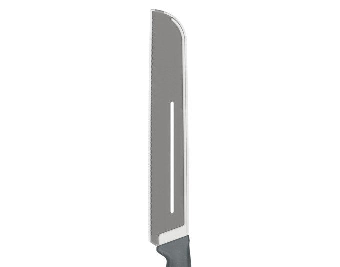 Brotmesser von ZYLISS mit gezahnter Edelstahlklinge und grauem Griff aus Weizenstrohmaterial, Klingenlänge 21 cm, freigestellt fotografiert.