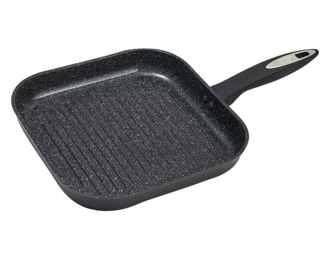 Schwarze ZYLISS Grillpfanne Ultimate mit keramischer Antihaftbeschichtung, quadratischer Form, Grillrillen und ergonomischem Soft-Touch-Griff.