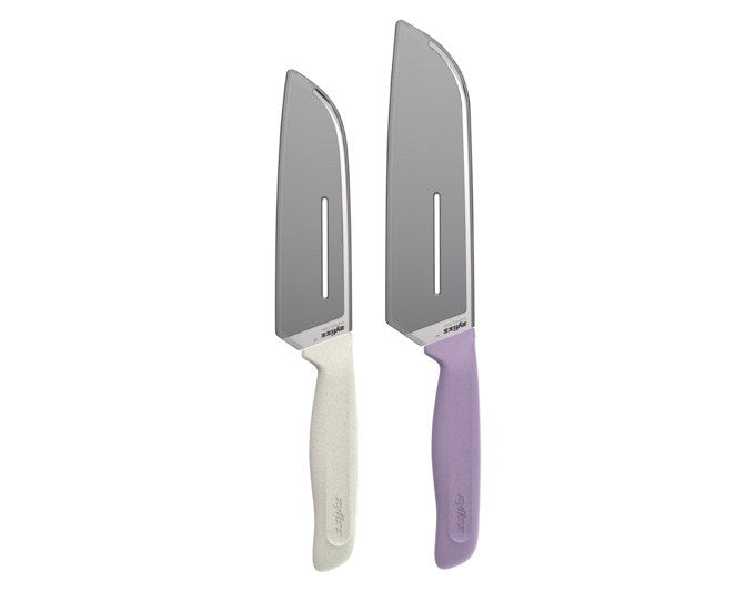 ZYLISS Santoku-Messerset Classic in Weiss/Violett, zwei Messer mit Edelstahlklinge und Griffen aus Weizenstrohmaterial samt Klingenschutz.