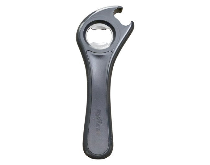 Anthrazit-grauer ZYLISS Allesöffner 5in1 mit ergonomischem Griff, geeignet zum Öffnen von Gläsern, Kronkorken und Drehverschlüssen.