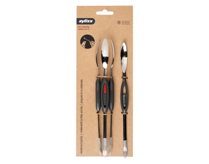 Zwei ZYLISS Meeresfrüchte-Picks aus Chromstahl mit Gabel- und Löffelende, schlanke Form für die Entnahme von Muschelfleisch.