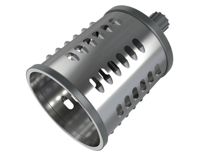 Edelstahl-Reibetrommel in Silber für ZYLISS Gourmet-Trommelreibe, zylindrische Form mit groben Reibeflächen, Masse 12.2x8.7x8.7 cm.