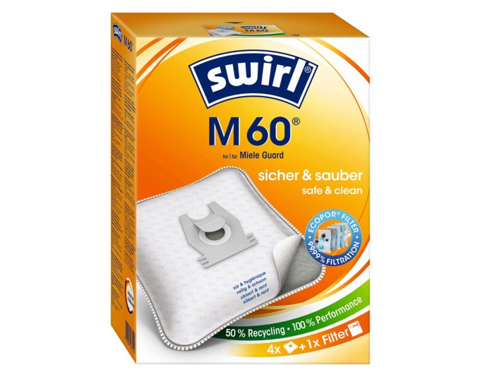Weisse SWIRL Staubsäcke M60 aus reissfestem Vliesmaterial mit Dirtlock-Verschluss und Halteplatte aus Recyclingmaterial, im Set abgebildet