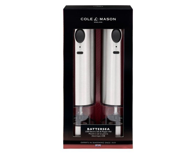 Elektrische Gewürzmühle COLE & MASON Battersea aus Edelstahl in Silber, 21 cm hoch, mit transparenter Kammer für Salz oder Pfeffer.