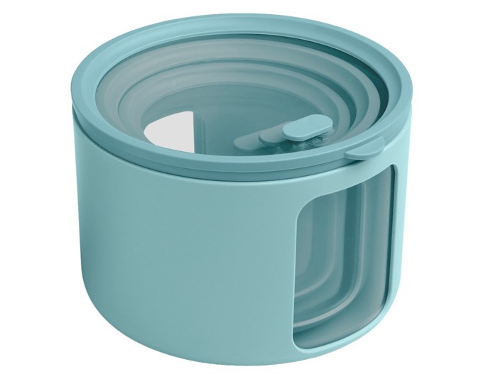 Set aus drei runden Vorratsdosen in Teal-Grün, unterschiedliche Grössen M, S und XS, mit transparenten Deckeln und seitlichen Sichtfenstern.