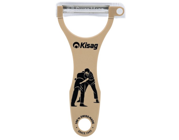 Brauner Sparschäler Schwinger von KISAG mit beweglicher Edelstahlklinge, ergonomischem Griff und integriertem Kartoffelaugen-Ausstecher.