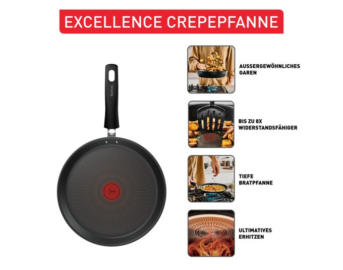 Schwarze TEFAL Crêpepfanne Excellence G7 mit 25 cm Durchmesser, flacher Form und Antihaftbeschichtung, fotografiert von oben.