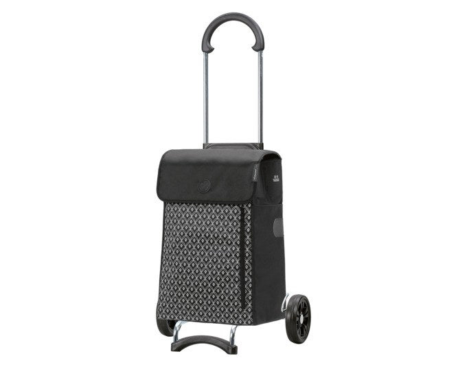 Schwarzer Einkaufswagen ANDERSEN Scala Teda mit Aluminiumgestell, abnehmbarer Tasche und integriertem Thermofach, auf Rollen stehend.