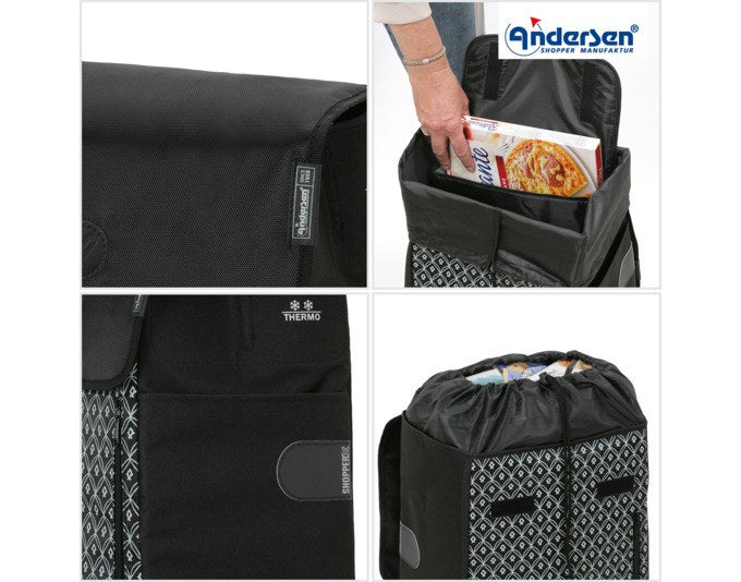 Schwarzer Einkaufswagen ANDERSEN Scala Teda mit Aluminiumgestell, abnehmbarer Tasche und integriertem Thermofach, auf Rollen stehend.
