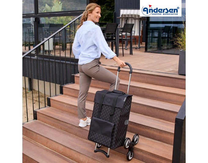 Schwarzer Einkaufstrolley ANDERSEN Scala Lisa mit Aluminiumgestell, abnehmbarer Tasche und Treppensteigerrädern mit 13 cm Durchmesser.