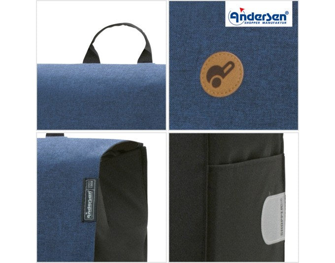 Blauer Einkaufstrolley ANDERSEN Alu Star Hera mit Aluminiumgestell, Flüsterrädern und abnehmbarer Stofftasche, Ansicht seitlich.