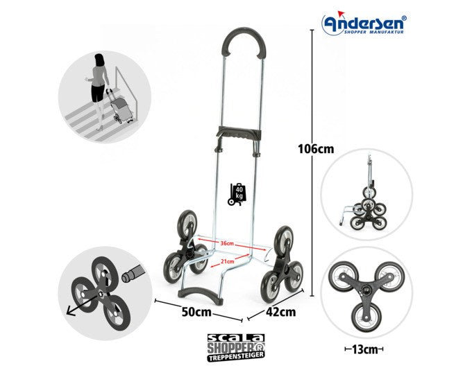 Sandfarbener Einkaufswagen mit leichtem Aluminiumgestell, abnehmbarer Tasche in Sand und zwei Treppensteigerrädern mit je drei kleinen Laufrollen.