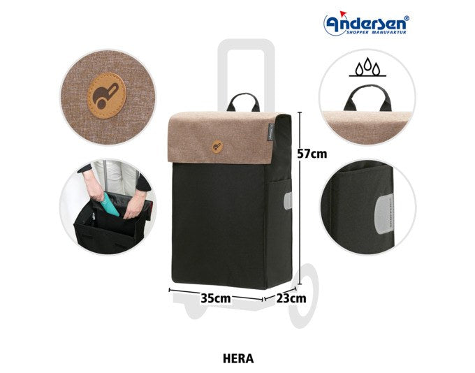 Sandfarbener Einkaufswagen mit leichtem Aluminiumgestell, abnehmbarer Tasche in Sand und zwei Treppensteigerrädern mit je drei kleinen Laufrollen.