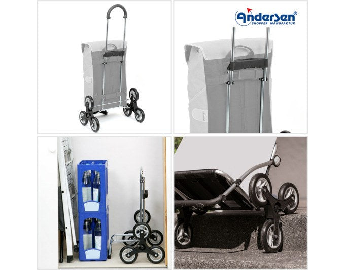 Sandfarbener Einkaufswagen mit leichtem Aluminiumgestell, abnehmbarer Tasche in Sand und zwei Treppensteigerrädern mit je drei kleinen Laufrollen.