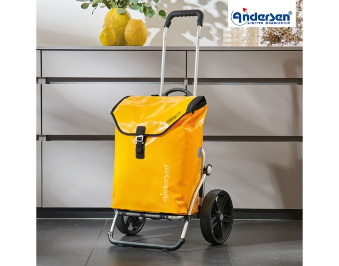 ANDERSEN Einkaufswagen Royal Ortlieb in Gelb mit Aluminiumgestell, wasserabweisender Tasche, zwei Rädern und Zugstange, Haushaltshilfe.