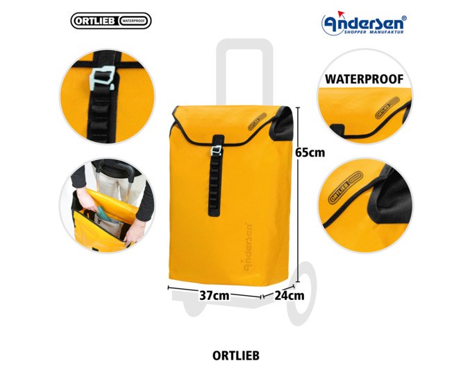 ANDERSEN Einkaufswagen Royal Ortlieb in Gelb mit Aluminiumgestell, wasserabweisender Tasche, zwei Rädern und Zugstange, Haushaltshilfe.