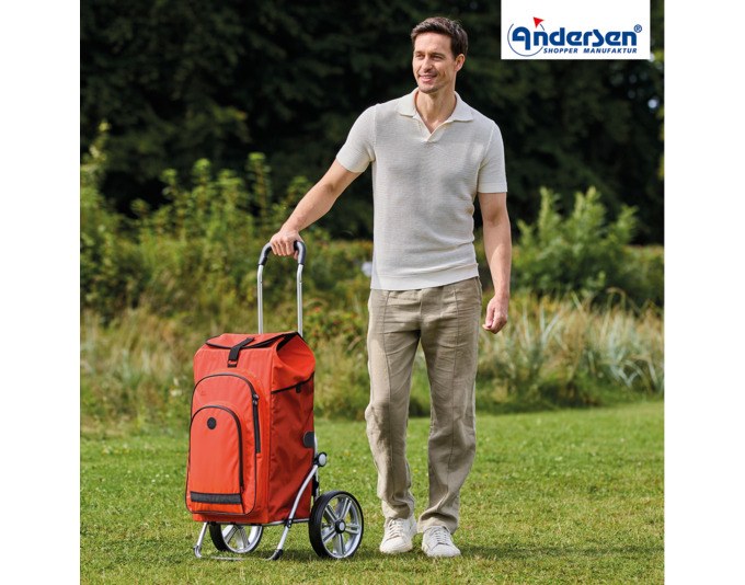 Oranger Einkaufswagen ANDERSEN Royal Hydro 3.0 mit Aluminiumgestell, vier Rädern und abnehmbarer isolierter Vortasche in Textiloptik.
