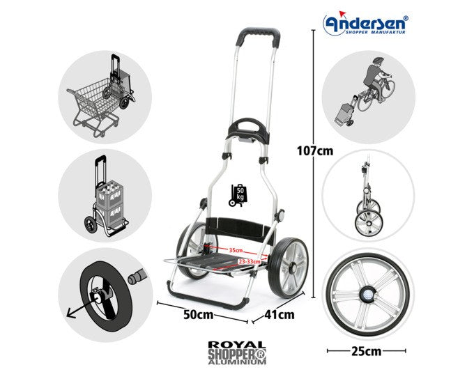 Einkaufswagen ANDERSEN Royal Hydro 3.0 in Olivgrün mit Aluminiumgestell, abnehmbarer Tasche und zwei grossen Rädern, seitliche Ansicht.