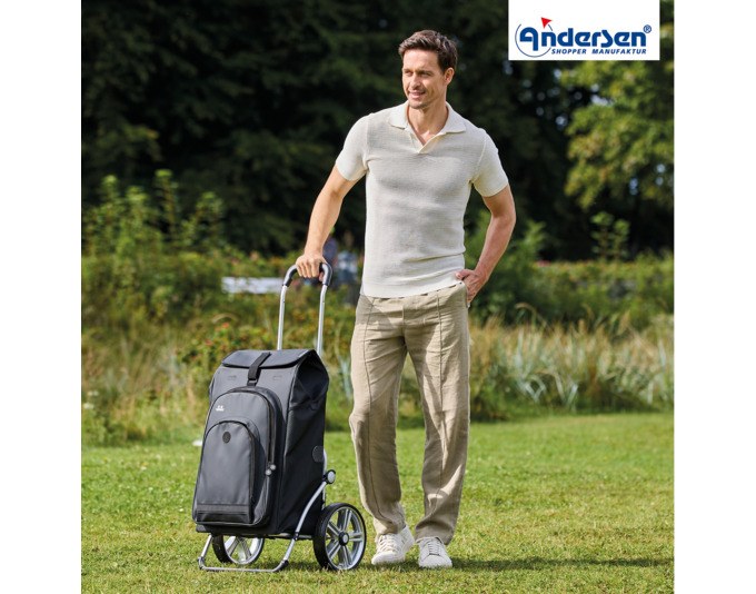 Schwarzer ANDERSEN Einkaufswagen Royal Hydro 3.0 mit Aluminiumgestell, Flüsterrädern und abnehmbarer isolierter Vortasche, freigestellt fotografiert.