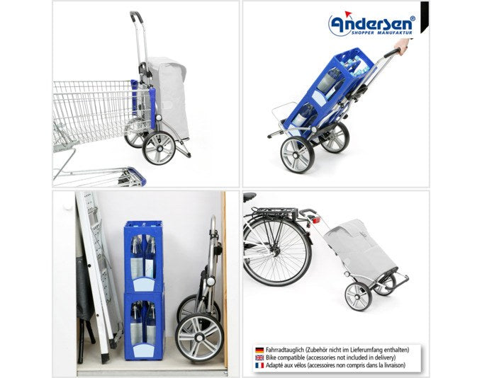 Schwarzer ANDERSEN Einkaufswagen Royal Hydro 3.0 mit Aluminiumgestell, Flüsterrädern und abnehmbarer isolierter Vortasche, freigestellt fotografiert.
