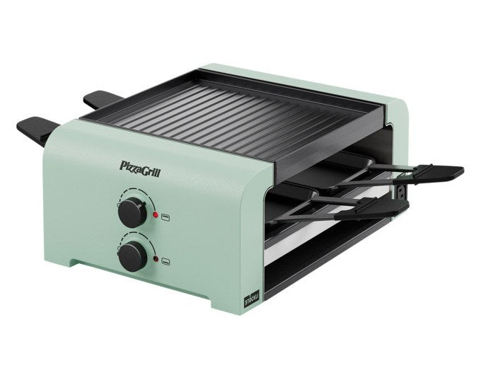 Tischgrill STÖCKLI PizzaGrill 4 Connect in mint green mit vier Pfännchen, Wende-Grillplatte und Teigausstecher auf hellem Hintergrund.