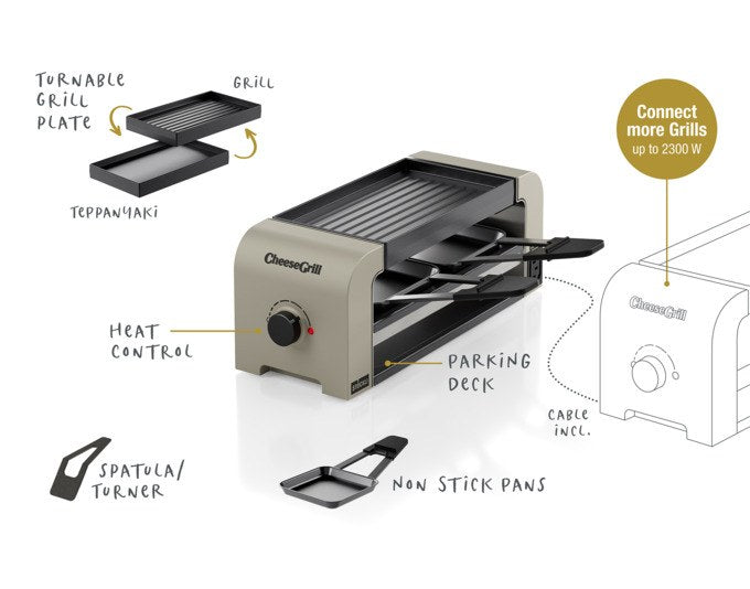 Tischgrill STÖCKLI CheeseGrill 2 Connect in Ivory Gold mit zwei Pfännchen, Wende-Grillplatte und Parkdeck auf hellem Hintergrund.