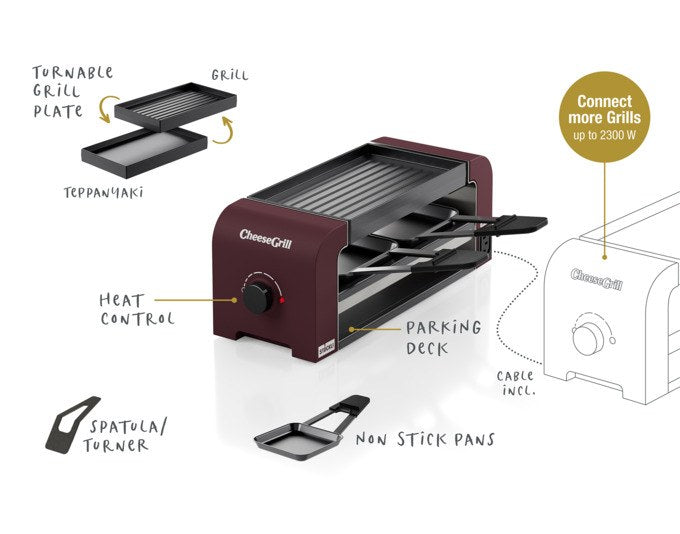 Produktfoto des STÖCKLI CheeseGrill 2 Connect in Merlot Red mit zwei antihaftbeschichteten Pfännchen und wendbarer Aluguss-Grillplatte.