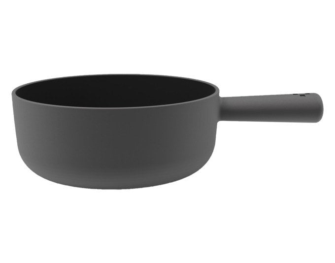 Schwarzes Fonduecaquelon aus emailliertem Gusseisen mit rundem Boden, Durchmesser 16 cm, von STÖCKLI, Ansicht von schräg oben.