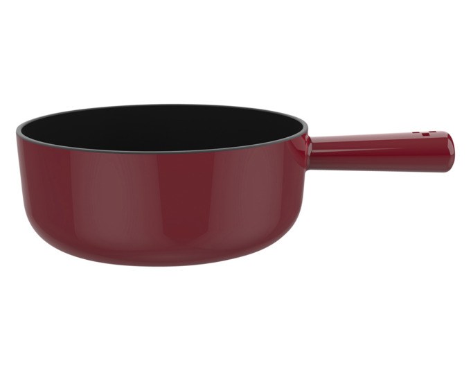 Rundes Fonduecaquelon aus emailliertem Gusseisen in Rot und Schwarz, Durchmesser 16 cm, für die Zubereitung von Käsefondue.