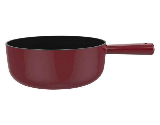 Rot-schwarzes Fonduecaquelon aus emailliertem Gusseisen mit Durchmesser 20 cm und rundem, tiefem Topfkörper von STÖCKLI.