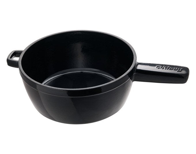 Schwarzes Fonduecaquelon aus emailliertem Gusseisen, rund, ø 23 cm, mit Griffen, auf neutralem Hintergrund fotografiert.