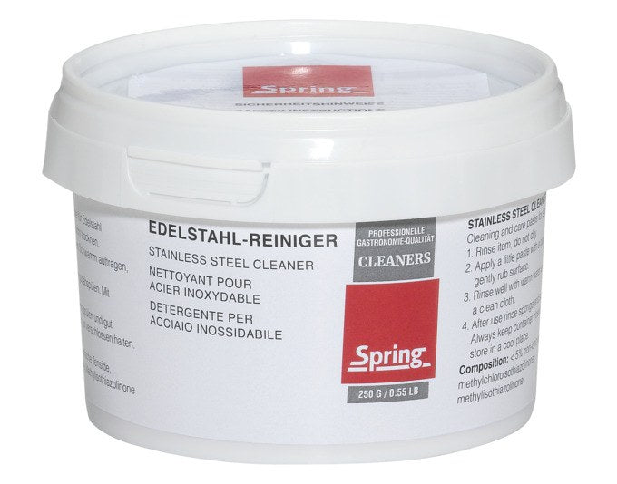 Verpackung des SPRING Edelstahlreiniger und -pflege 250 g in Weiss, Reinigungspaste für Kochgeschirr und Küchenutensilien aus Edelstahl und Messing.